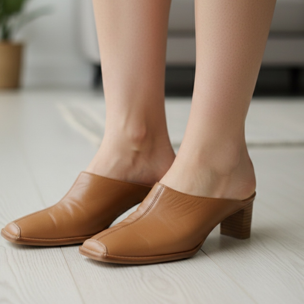 Ara relax flex light tan leather heeled mules square toe size 9
